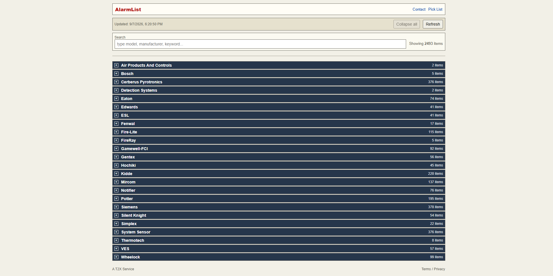 AlarmList device catalog grouped by manufacturer